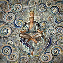 a prince meditating and floating in the air, swirly clouds in the background, art by James Jean and Wayne Barlowe and moebius, high details ,  contrasted colors, cinematic, cgsociety 8k