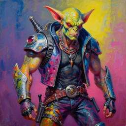 a portrait of peter steele as a scifi post apocalyptic orc biker, psychedelic vibrant colors, futuristic punk rock fashion, oil painting by michael whelan art, sharp focus, realistic, highly detailed, 8 k