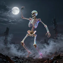a very large and scary skeleton with soft and luminous colors dances in an apocalyptic landscape with vapor and smoke under the moon in twilight, darkart, hyperdetailed, hyperealistic, cinematography, 8k,Artstation, Deviantart, beautiful
