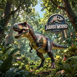 wallpaper of jurassic park trex scene, trees, vibrant mesozoic era jungle, illumination, detail, cinematic lighting, 4 k, jurassic world, vray render