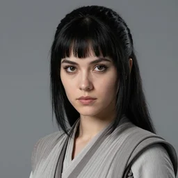 portrait of a woman by greg rutkowski, young jedi knight, black hair with bangs, goth vibes, star wars expanded universe, she is about 2 0 years old, wearing jedi robes highly detailed portrait, digital painting, artstation, concept art, smooth, sharp foccus ilustration, artstation hq