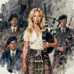 a realistic and atmospheric watercolour fantasy concept art of britney spears dressed as scottish man with bagpipe, muted colors. by rebecca guay, michael kaluta, charles vess and jean moebius giraud,