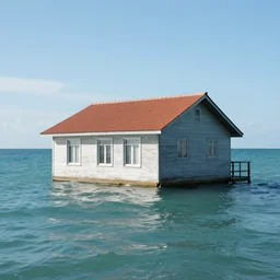 a house half submerged in the ocean.