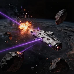 Wide shot of a spaceship battle , explosions and purple lasers, burning wrecks. Asteroid belt. Scenic view, in the void of space, underexposed, matte painting by Craig mullins and Emmanuel_Shiu and john berkey, cinematic, dark sci-fi, concept art trending on artstation, movie quality  , 4k, insane details, ultra realistic