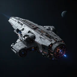 huge transportation spacecraft in space nearing a planet, dark, cyberpunk, moody, luminescent, ambient lighting, syd mead, greg rutkowski, wlop, artgerm, artstation, octane render, highly detailed