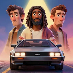 3 d vfx - drew struzan movie poster - art of an african jesus in a delorean, art style by james jean & hsiao - ron cheng, unreal engine render, digital illustration, sharp, intricate detail, volumetric lighting, ray tracing, soft light, colourful, claymation style, ernie barnes style, symmerty, acrylic, pinterest, artstation, behance