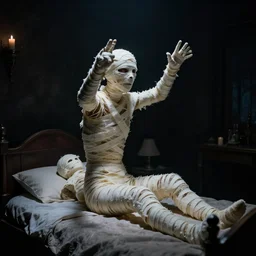 mummy rising from a bed in a dark room