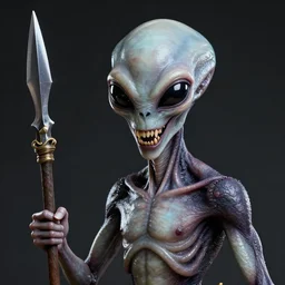 an alien. angled jaw, snarling, omniverous layered teeth, nostrils on the forehead, smooth bioluminescent skin, hunter gatherer holding an obsidian spear, mid length portrait photograph, highly detailed, high contrast lighting