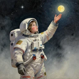 ( ( dithered ) ), portrait of a young astronaut girl reaching for the stars, colorful, modern art deco, mads berg, karolis strautniekas, christopher balaskas, stippled light, fog, moody, fine texture, editorial illustration, dramatic lighting, dynamic composition, detailed, matte print, dynamic perspective, muted color