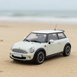 a 4 k photorealistic photo of a miniature mini cooper car on a beach, natural soft lighting, outdoors, medium shot sandy