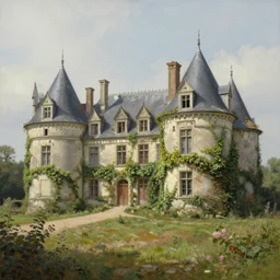 a large serene beautiful matte painting of a delapitaded quaint french country castle covered in a state of disrepair in vines, by asher brown durand and george ault featured on artstation