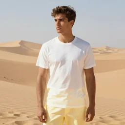 full figure beautiful young fit dark skin man, fully dressed, luminous scene, by greg rutkowski and alphonse mucha, d & d character, gradient white to gold, in front of a dune desert background, highly detailed portrait, digital painting, artstation, concept art, smooth, sharp focus illustration, artstation hq