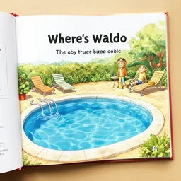 where's waldo book page highly detailed, swimming pool setting
