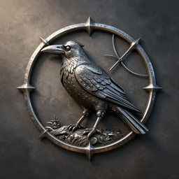 a medieval logo illustrating a crow made out of metal