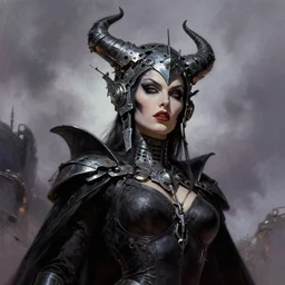 evil princess of the wasteland, scrap metal headdress, strong line, deep color, cloudy sky, beautiful! coherent! by brom, by frank frazetta, low angle