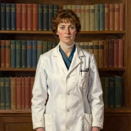 image of a lady doctor in the original form series by margaret ward, year 1 8 8 0, illustration, standing in front of a book!!! shelf!!!, facing the camera, by greg rutkowski