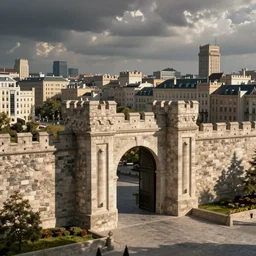 the iron gates of a large city, large stone walls, fantasy, hyper realistic, grand