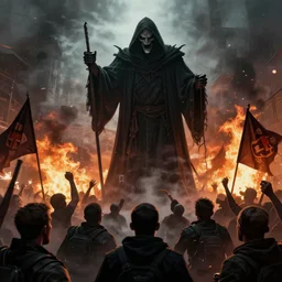 photoillustration of a tall sinister looking grim reaper looming over angry rioters, angry mob, violent protest, flags slogans fire smoke flares, establishing shot, hyper detailed, realistic, cinematic, anamorphic