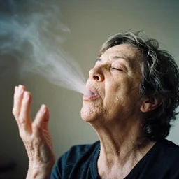 analog photographic portrait with 5 0 mm lens and f / 1 2. 0 of a 9 0 years middle aged woman with her eyes closed and spurting from her mouth a white viscous fluid floating in the air. with a slight variation of light in the liquid and gesture.
