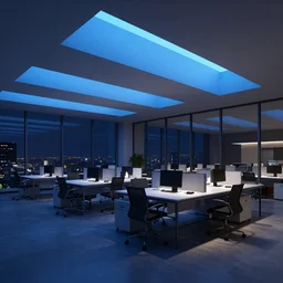 modern office with soft blue lights in the roof at night, octane render, artstation trending, highly detailded