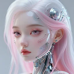 very up close portrait, of fashion elegant sophisticated of a translucent cute dainty cyborg perfect girl ， big eye ， white and pink hair, ultra detailed wire decoration, complex and fine future science and technology machinery decoration, micro detail, by nixeu and guweiz weta, sleek curves, intricate sharp focus, trending on artstation hq, deviantart, pinterest, unreal engine