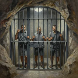 full length painting of prison cell inside a cave, prisoners inside, prisoners holding bars, highly detailed, high resolution, oil in canvas