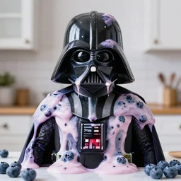 Photo of angry Darth Vader covered in blueberry yogurt, kitchen