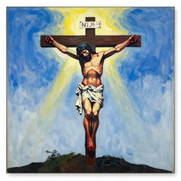bloody christ crucified and the light of god in the sky painted by cy twombly and andy warhol