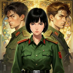symmetry anime girl vietnamese soldier portrait, serious solemn, wearing green uniform, highly detailed, anime, dynamic lighting, digital art, digital painting, artstation, wlop, gil elvgren, sharp focus, illustration, art by artgerm and greg rutkowski and alphonse mucha, 8 k