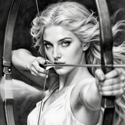 portrait of very beautiful aphrodite goddess as an archer, arrow, beautiful piercing eyes, flowing blonde hair, realistic face, black and white drawing, in the style of greg rutkowski, fantasy, amazing detail, epic, intricate, elegant, smooth, sharp focus