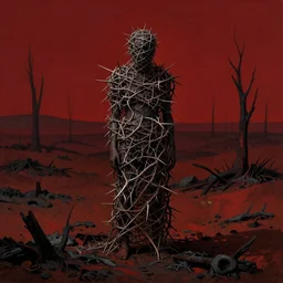 an nondescript human, wrapped in thorns, in a desolate, charred desert, dark red, HDR, painted by zdzislaw beksinski
