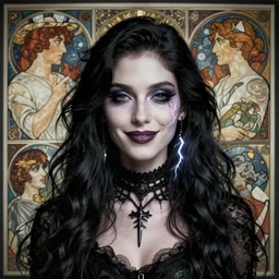 portrait of wyona rider as death from sandman, gentle smile, by cedric peyravernay, alphonse mucha, by jeremy mann, by lecouffe deharme, goth chic, soft lightning, eyeliner, punk rock, high detailed, 8 k