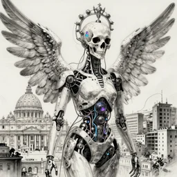 ai biomech humanoid, ethereal ultralight robot - skull with crown mechanism, quantum physics, angelic and unsettling, wires, veins, ferrofluid, bismuth, style blend of hideo kojima, shepard fairey, and botticelli, city backdrop is a blend of the vatican, neo - andean architecture and brutalism, 4 k photorealistic, ultra fine inklines