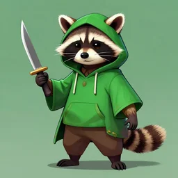 a raccoon in a green, hooded rouge outfit holding dagger, trending on art station