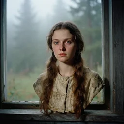 portrait bust of young woman, solemn expression, faded color film, russian cinema, tarkovsky, kodachrome, old cabin, next to window, heavy forest outside, long brown hair, cloth, heavy fog, hudson river school, 4 k, dramatic lighting, greg rutkowski
