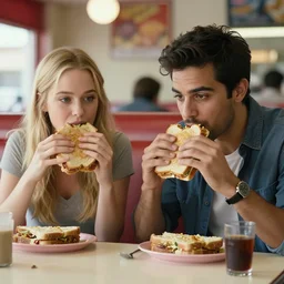 catherine heigl and tenth is khan eating sandwiches at a diner, ultrarealistic, photorealistic, 8 k, ultra hd