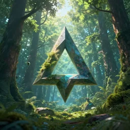 flying geometric bringing triangle in center, forest, beautiful graphics, fantasy artwork, very beautiful scenery, hd, hdr, ue 5, ue 6, unreal engine 5, cinematic 4 k wallpaper, 8 k, ultra detailed, by popular digital, details, beautiful image ever created, high resolution, artstation, award winning
