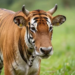 a cow with tiger stripes, cow, wildlife photography, hyperrealistic