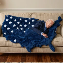 Joe Biden sleeping on a couch shaped like the United States of America.