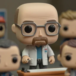 beautiful three point perspective film still of funko pop walter white lab scene in breaking bad, extreme closeup portrait in style of frontiers in miniature porcelain photography fashion seinen manga edition, miniature porcelain portrait, eye contact, tilt shift style scene background, soft lighting, kodak portra 4 0 0, 8 k, macro, cinematic style by emmanuel lubezki