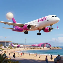 highly detailed cinematic scifi render of a wizzair airbus a 3 2 1 - neo landing at skiathos airport, low over the heads of the people on the beach, hyper detailed, digital art, led lighting, studio quality, smooth render, unreal engine 5, octane render, trending on artstaion.