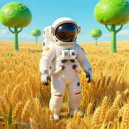 a skeleton astronaut, astronaut his helmet off by kren cushart on a colorful alien wheat world with lime trees