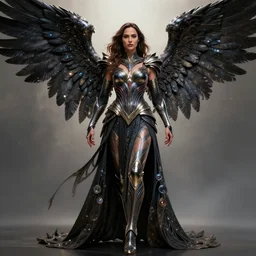 full body center frame digital art. hero pose of gal gadot as a dark seraphim angelic warrior wearing a futuristic, intricate, body sculpted cosmic armor and flowey ornate robes highly detailed 8 k hdr award - winning trending on artstation ann _ sto.