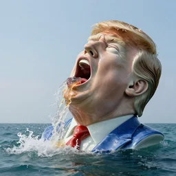 a massive porcelain sculpture of a surreal distorted donald trump vomiting jelly from the mouth on the ocean water, in the style of johnson tsang, grotesque sculpture, lucid dream series, cinematic, hyper - realistic, very detailed, realistic water splashes, ray tracing, 8 k resolution, long - shot, sharp focus, low angle, 8 5 mm photograph, wide lens
