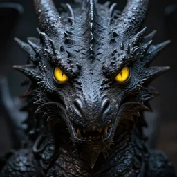 closeup portrait of black dragon head with yellow eyes, ultra realistic, fantasy, magic, dnd,