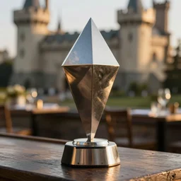 a reflective symmetrical polyhedral steel engineering trophy at a high end bar in a medieval themed castle in golden afternoon light, professional food photography