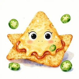watercolor nachos with cheese and jalapeno illustrations, white background, front camera view, forward facing, drawing, cartoon, in the style of shyama golden