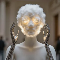 realistic photo of a a blurred pose of a faceless human model with very long hands made of wires, and the face made of fluffy furry fur spiky cotton pads, emitting aura 1 9 6 0, life magazine photo, natural colors, metropolitan museum, kodak, 8 k, very detailed, high resolution, product photo,