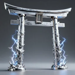 3 d render of a torii gate sculpture made of chrome, chrometype, made of liquid metal, fractal neotribal with thorns and thunders, cyberpunk japanese temple, raytraced, hyper realistic, volumetric lightning, 8 k, by zhelong xu, ouchh and and innate studio