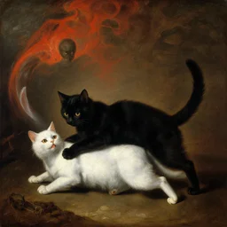 an oil painting of a black cat dragging a white cat to hell, renaissance painting, oil painting, by peter paul rubens